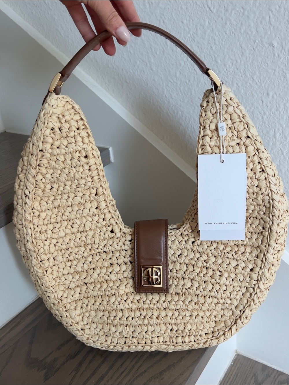 Anine Bing Raffia Lou Shoulder Bag Beach Purse Vacation Handbag Monogram NWT - Picture 5 of 12